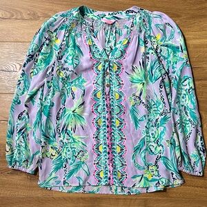 Lilly Pulitzer 100% Silk Tropical Print Blouse - Lavender and Green Small